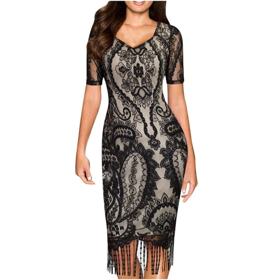 Ygbgbb Womens Fall Dresses Solid Color Maxi Dress Short Sleeve Dresses Round Neck Pleated Waist Tassel Casual Black M