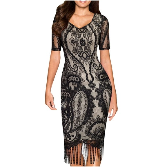 Ygbgbb Womens Fall Dresses Solid Color Maxi Dress Short Sleeve Dresses Round Neck Pleated Waist Tassel Casual Black M