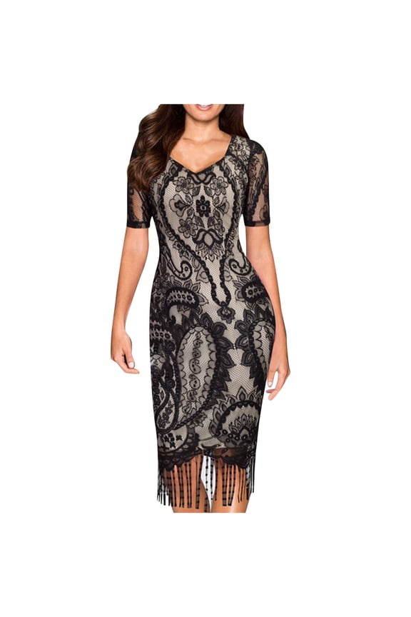 Womens Fall Dresses Solid Color Maxi Dress Short Sleeve Dresses Round Neck Pleated Waist Tassel Casual Black M