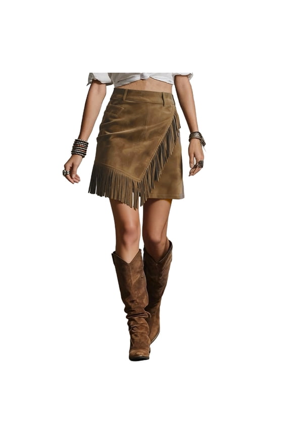Womens Fringe Suede Skirt Irregular Western Tassel Skirt Cowlgirl Short Skirts High Waisted Boho Chic Trim Skirt Solid Casual Skirt Brown L