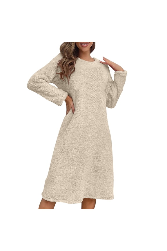 Womens Fuzzy Fleece Dress Soft Comfy Pajama Dress Casual Long Sleeve Crewneck Midi Dresses Solid Loungewear Dress Beige L