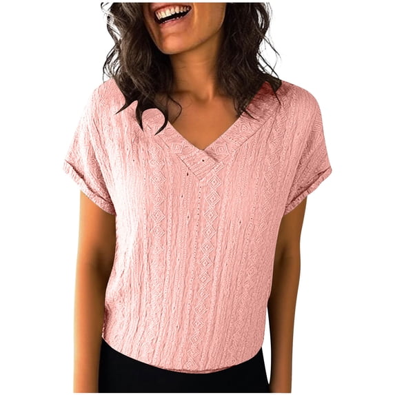 Ygbgbb Womens Knitting Cotton Tops Lightweight Spring Summer Casual Sweater Short Sleeve V Neck Pullover Tops Fashion Ribbed Knit Blouses Pink S