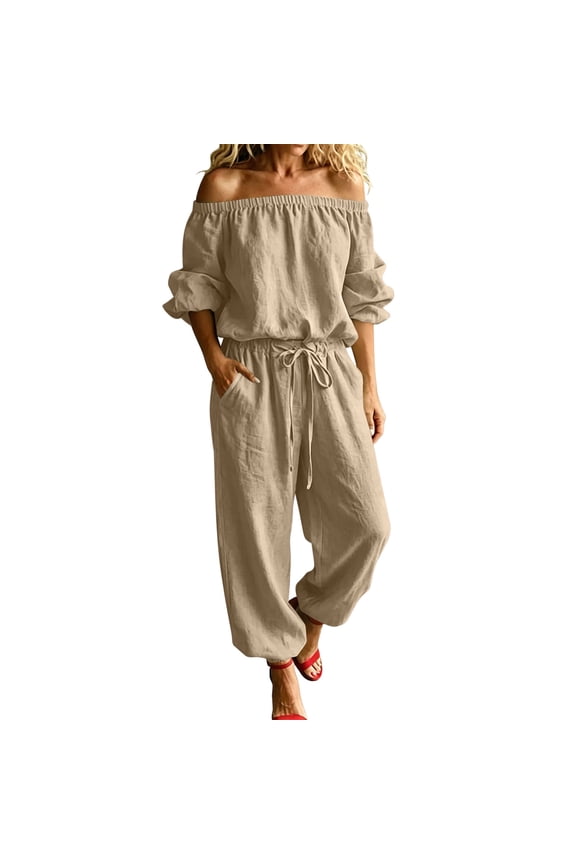 Womens Off Shoulder 3/4 Sleeve Drawstring Waist Jogger Jumpsuit with Side Pockets for Vacation Khaki S