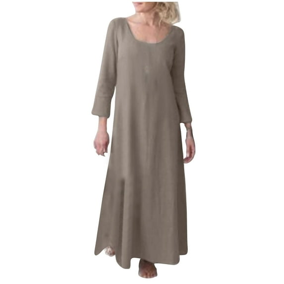 Ygbgbb Womens Plus Size Cotton Linen Fall Dresses Long Sleeve Dresses Maxi Dress Round Neck Solid Color Pleated Waist Casual Khaki L