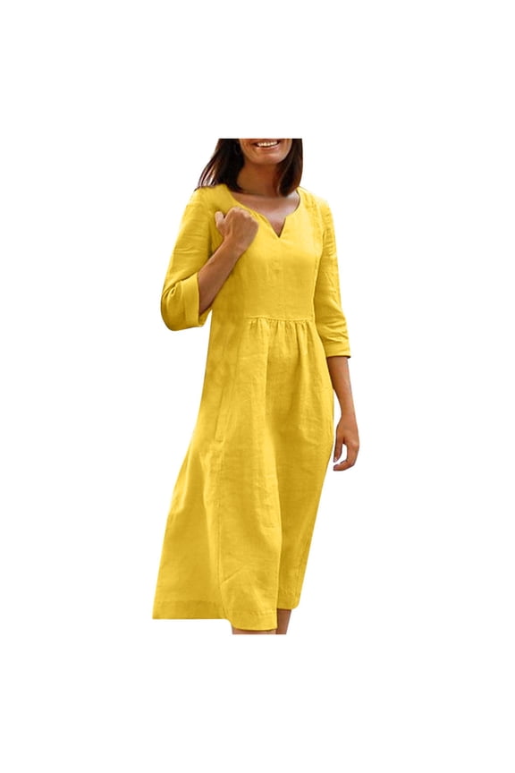 Womens Plus Size Cotton Linen Fall Dresses Solid Color Slit Neck Maxi Dress Pleated Waist Casual Long Sleeve Dresses Yellow XXXXXL