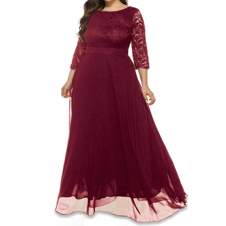 Ygbgbb Womens Plus Size Fall Dresses Long Sleeve Dresses Solid Color Pleated Waist Casual Round Neck Maxi Dress Red XXXL Walmart