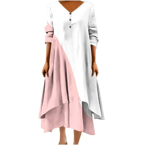 Ygbgbb Womens Plus Size Fall Dresses Pleated Waist Layered Casual Long Sleeve Dresses V Neck Maxi Dress Color Block Pink M