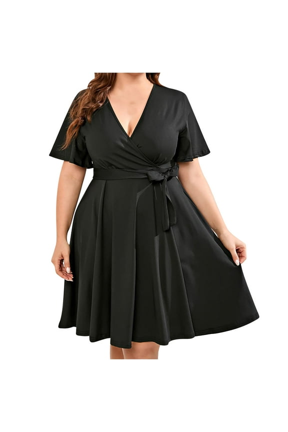 Womens Plus Size Summer Dresses Boho Pleated Tie Waist Casual Dresses Short Sleeve Dresses Solid Color Wrap V-Neck Midi Dress Black XXL