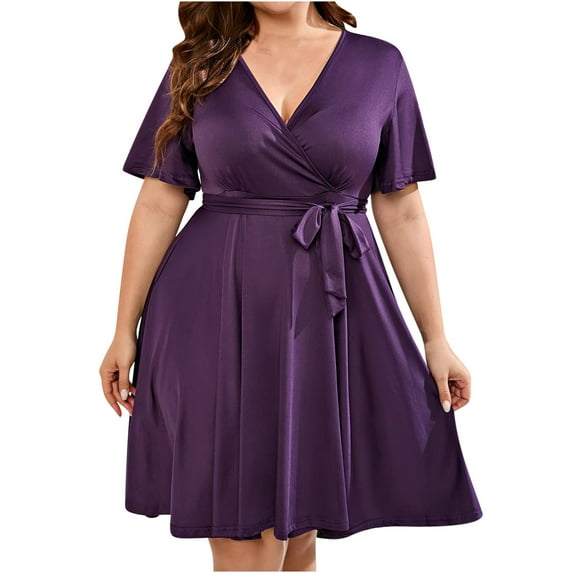 Ygbgbb Womens Plus Size Summer Dresses Solid Color Wrap V-Neck Midi Dress Boho Pleated Tie Waist Casual Dresses Short Sleeve Dresses Purple XXXL