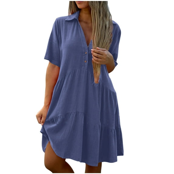 Ygbgbb Womens Plus Size Sundresses Midi Dresses Pleated Waist Ruffle Tiered Loose Casual Short Sleeve Dresses Button Collared Neck Solid Color Blue XXL