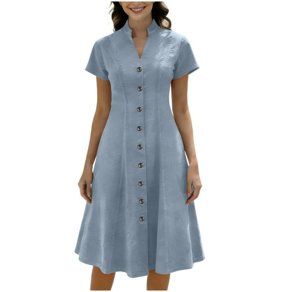 Ygbgbb Womens Short Sleeve Midi Dress Summer Lightweight Casual Dresses Solid Button Down V Neck Dress A Line Vacation Dress Light Blue XXL