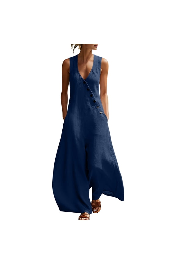 Womens Stand Collar Sleeveless Half Button Cropped Wide Leg Jumpsuit with Dual Side Pockets for Daily Navy M