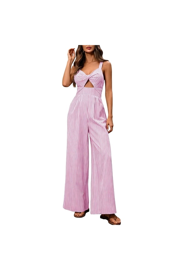 Womens Stripe Spaghetti Strap V Neck Cutout Back Smocked Jumpsuit Wide Leg Floor Length Pants with Hidden Pockets for Beach Outings Casual Brunch Pink S