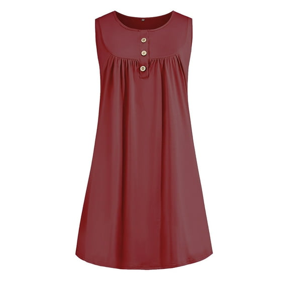 Ygbgbb Womens Summer Beach Dresses Mini Dress Round Neck Solid Color Sleeveless Dresses Casual Folded Waist Button Strap Dresses with Pockets Watermelon Red XL