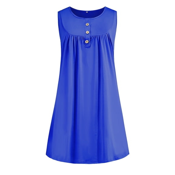 Ygbgbb Womens Summer Beach Dresses Sleeveless Dresses Round Neck Casual Folded Waist Button Strap Dresses Mini Dress Solid Color with Pockets Blue L