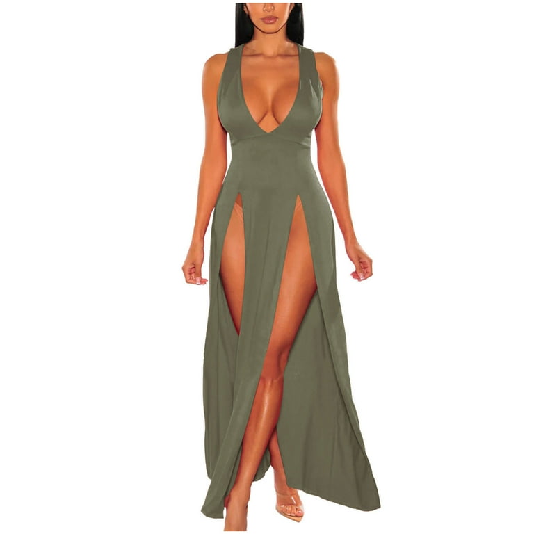 Sexy Casual Solid Slit V Neck Sleeveless Dress Dresses