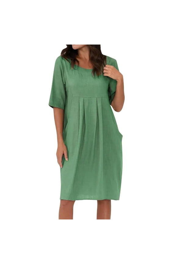 Womens Summer Dresses Folded Waist Casual Beach Dresses Round Neck Midi Dress Solid Color Short Sleeve Dresses Green XXXXXL