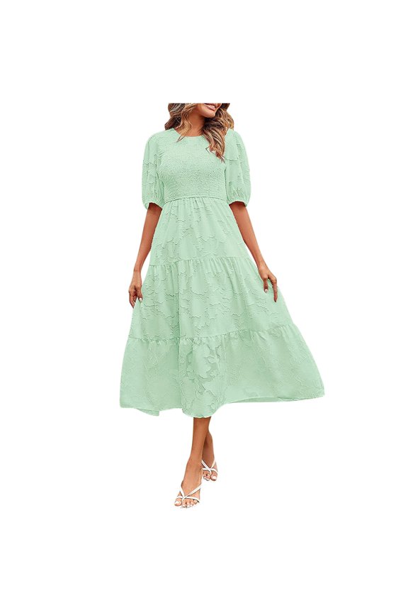 Womens Summer Dresses Maxi Dress Short Sleeve Dresses Round Neck Solid Color Ruffle Folded Flowy Casual Long Dresses Mint Green M