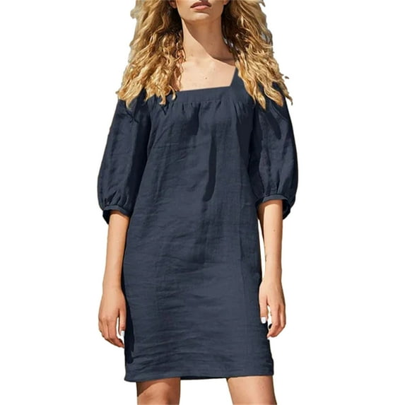 Ygbgbb Womens Summer Dresses Puff Sleeve Dresses Square Neck Cotton Linen Folded Loose Vacation Dresses Midi Dress Solid Color Blue XXXL