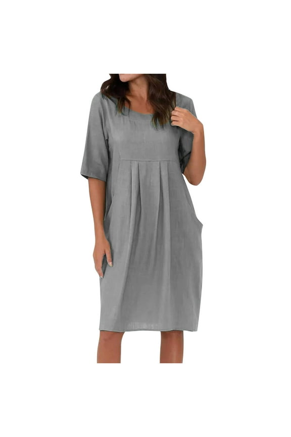 Womens Summer Dresses Round Neck Midi Dress Short Sleeve Dresses Solid Color Folded Waist Casual Beach Dresses Gray XL