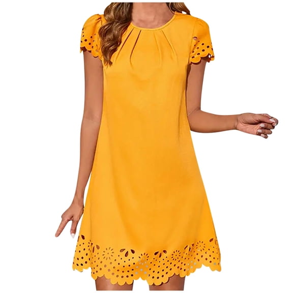 Ygbgbb Womens Summer Dresses Round Neck Mini Dresses Cut Out Hem Pleated Waist A-Line Beach Dresses Solid Color Cap Sleeve Dresses Yellow XL