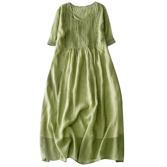 Ygbgbb Womens Summer Dresses V-Neck Short Sleeve Dresses Maxi Dress Solid Color Cotton Linen Folded Loose Long Dresses Green L