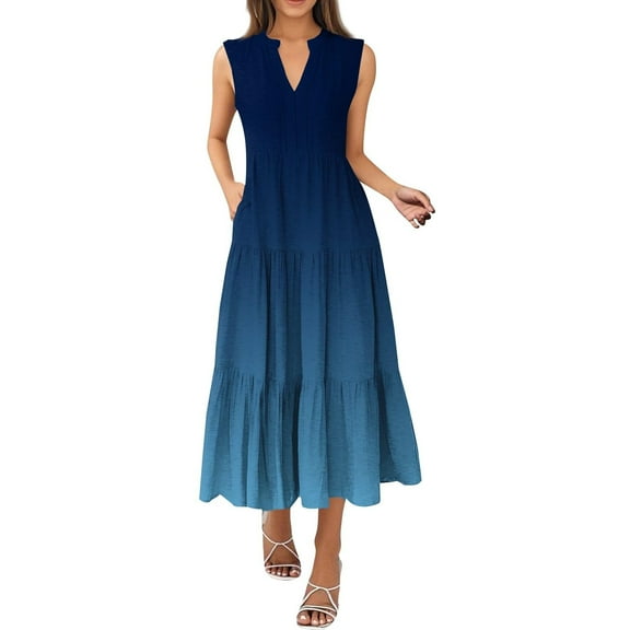 Ygbgbb Womens Summer Maxi Dresses Flowy Tiered Boho Long Beach Sundress Sleeveless Tank Dress Gradient Color A-Line Dresses Blue L