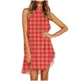 thumbnail image 1 of Ygbgbb Womens Sundresses Sleeveless Dresses Pleated Waist Irregular Hem Casual Plaid Halter Neck Midi Dresses A-Red M, 1 of 4