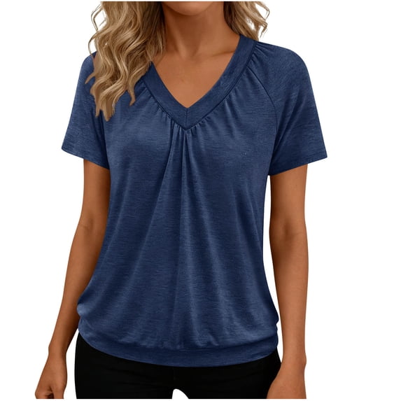 Ygbgbb Womens Tops Lightweight Short Sleeve V Neck T Shirts 2026 Spring Summer Beach Vacation Clothes Casual Loose Ruched Tops Navy L