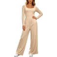 thumbnail image 1 of Ygbgbb Womens V Neck Cami Stripe Print High Waist Wide Leg Jumpsuit with Side Pockets for Beach Beige XL, 1 of 6