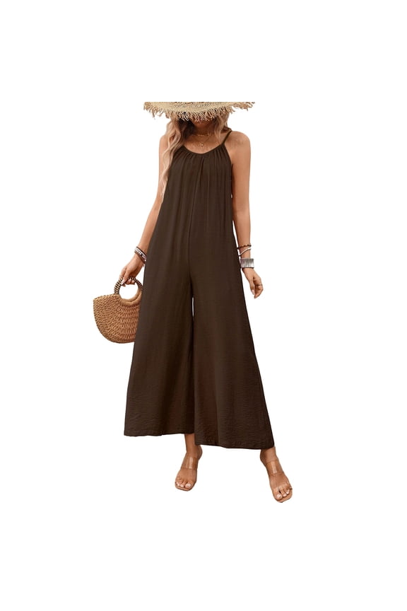 Womens V Neck Spaghetti Strap Ruched Front Jumpsuit Loose Cropped Wide Leg Trousers with Hidden Side Pockets for Shore Vacations Picnic Days Coffee S