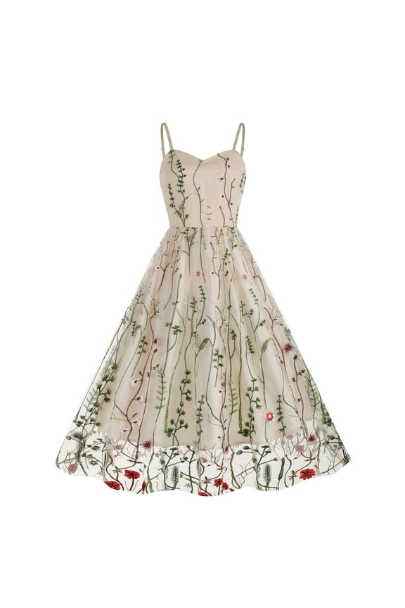 Womens Vintage Dresses Fashion Sleeveless Dresses Sweetheart Neck Midi Dresses Folded Waist Swing Summer Spaghetti Strap Dresses Beige M
