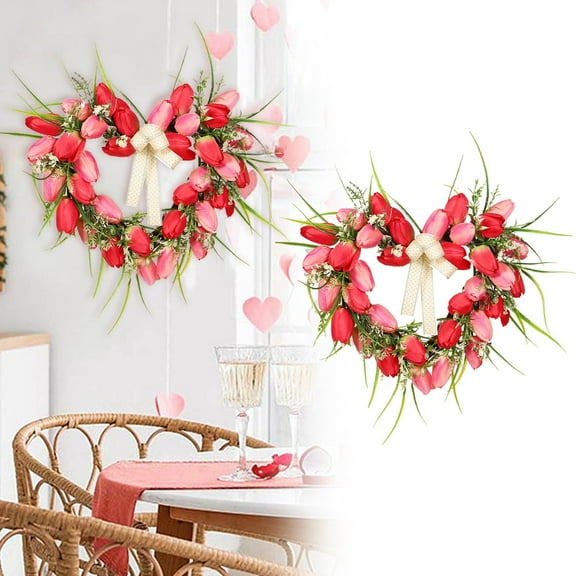 Ygdeyg 15.75 Inch Pink And Red Tulip Heart Wreath On Artificial Grapevine Base, Artificial Floral Front Door Wreath, Spring And Summer Wreath