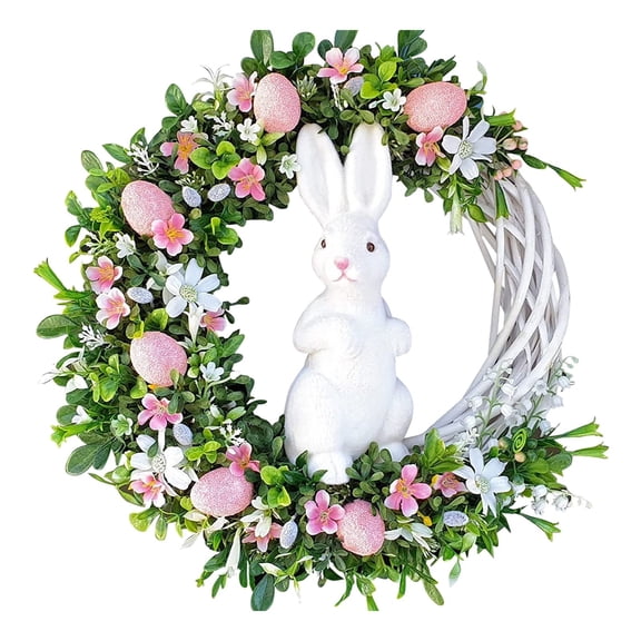 Ygdeyg 9.8" Easter Wreaths For Front Door With Straw Bunny & Colorful Flowers & Decorative Eggs Spring Home Outdoor Decoration For Wall Porch Window Party And Holiday Celebrations