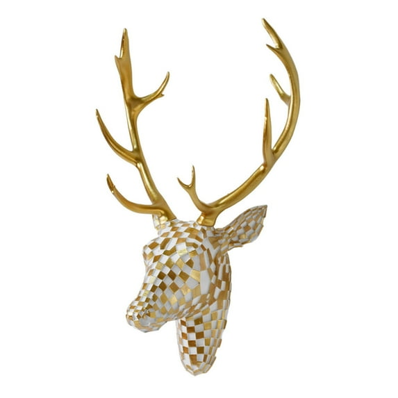 Ygdeyg Gold & White Checkered Deer Head Wall Decor With Golden Antlers - Artistic Resin Deer Head, Chic Accent For Holiday & Home Decor