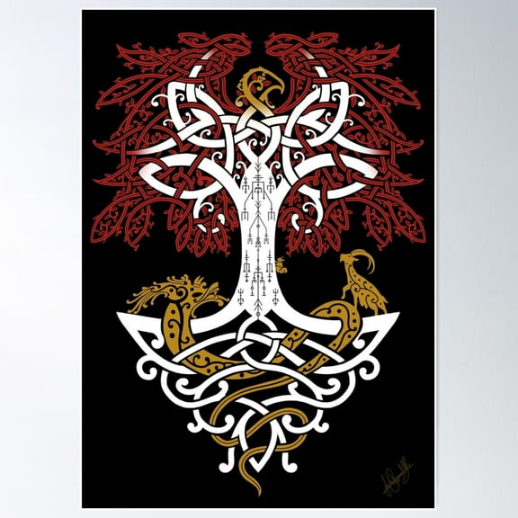 Yggdrasil And Creatures Norse Mythology Knotwork Coloured Poster Wall Art, Modern Wall Decor For Living Room Bedroom, 8x12 UNFRAMED