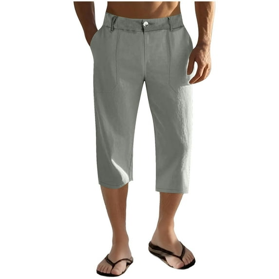 Yghzkop 3/4 Length Capri Pants for Men Cotton Linen Casual Beachwear Elastic Drawstring Waist Quick-Dry Lightweight Long Pant Summer Coastal Vacation Outfits Cropped Trousers