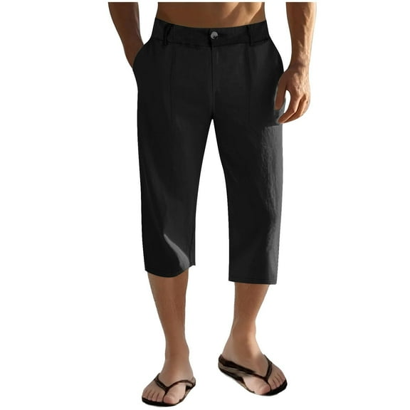 Yghzkop 3/4 Length Capri Pants for Men Cotton Linen Casual Beachwear Elastic Drawstring Waist Quick-Dry Lightweight Long Pant Summer Coastal Vacation Outfits Cropped Trousers