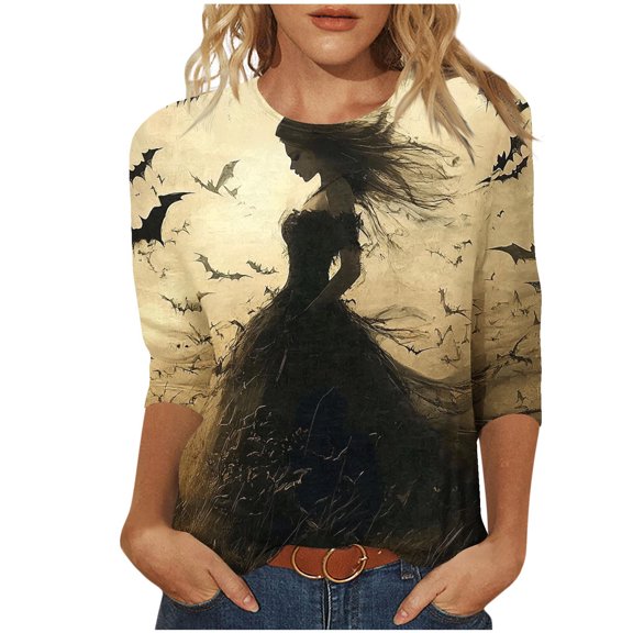 Yghzkop 3/4 Length Sleeve T-Shirts for Women Halloween Printed Pullover Blouse Round Neck Fashion Loose Top Fall Casual Graphic Sweater Spooky Season Tee Sweatshirts