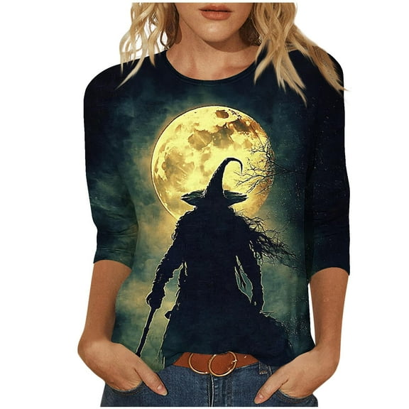 Yghzkop 3/4 Length Sleeve T-Shirts for Women Halloween Printed Pullover Blouse Round Neck Fashion Loose Top Fall Casual Graphic Sweater Spooky Season Tee Sweatshirts