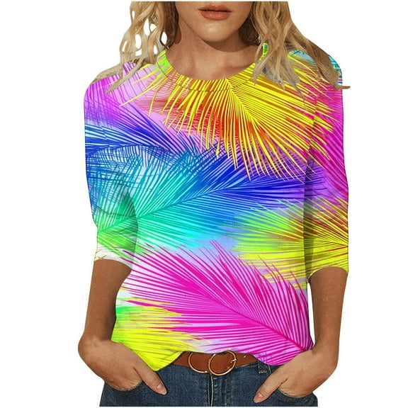 Yghzkop 3/4 Length Sleeve Womens Tops Summer Fashion Floral Print Round Neck Top Casual Loose Fit T-Shirts Cotton Blend Weekend Getaway Run Shirt Blouse