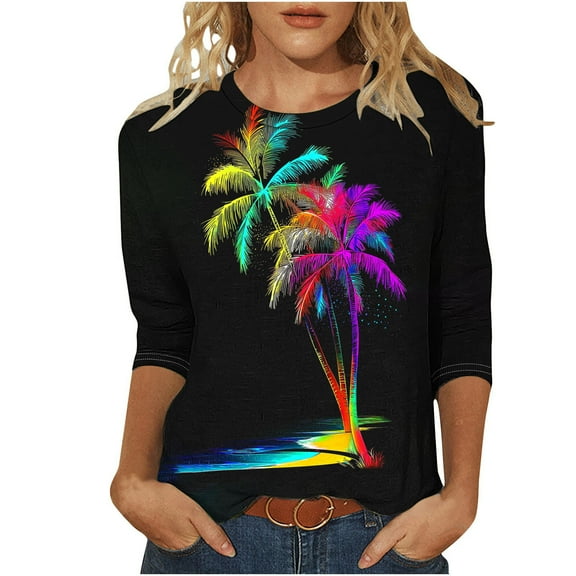 Yghzkop 3/4 Length Sleeve Womens Tops Summer Fashion Floral Print Round Neck Top Casual Loose Fit T-Shirts Cotton Blend Weekend Getaway Run Shirt Blouse