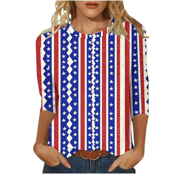 Yghzkop 3/4 Sleeve Tops for Women 4th of July Independence Day T-Shirts Patriotic Shirts Summer Round Neck Trendy Print Shirt Stars Stripes Graphic Tunic Tees Blouse