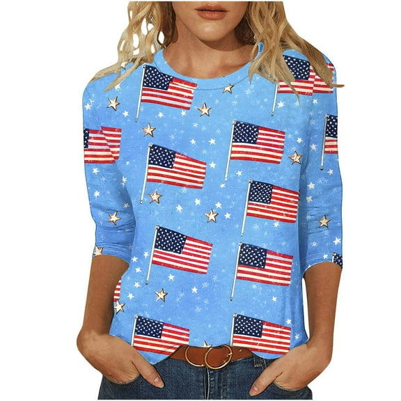Yghzkop 3/4 Sleeve Tops for Women 4th of July Independence Day T-Shirts Patriotic Shirts Summer Round Neck Trendy Print Shirt Stars Stripes Graphic Tunic Tees Blouse