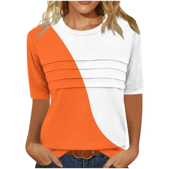 Yghzkop 3/4 Sleeve Tops for Women's Short Sleeve Cropped Top Wrinkled Striped Design Soft Cotton Summer Shirt Print Casual Friday Outfits Street Style Essentials Blouse Clothing