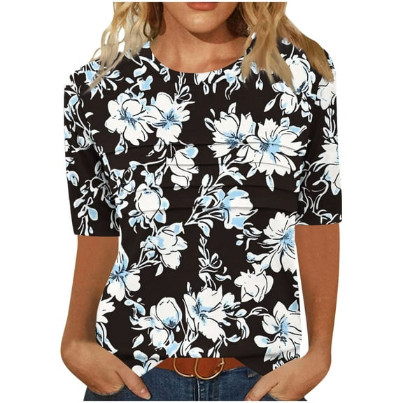 Yghzkop 3/4 Sleeve Tops for Women's Short Sleeve Cropped Top Wrinkled Striped Design Soft Cotton Summer Shirt Print Casual Friday Outfits Street Style Essentials Blouse Clothing