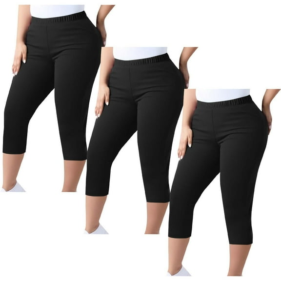 Yghzkop 3-Piece Women's Plus Size Cotton Yoga Capris Pants Elastic Waist Solid Color Multi-Pack Stretchy Workout Essentials Seamless Summer Combo Bundle