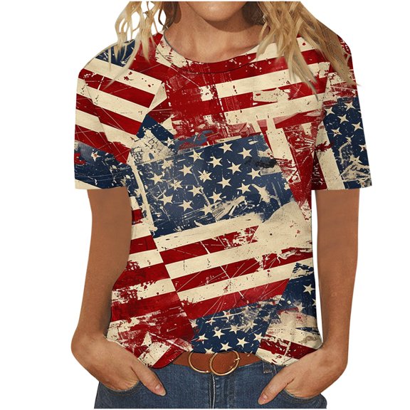 Yghzkop 4th of July Independence Day American Flag Tops for Women Quick-Dry Short Sleeve V-Neck Patriotic Print T-Shirts Breathable Tunic Blouse Beachwear Cover Up Boho Chic Outfit