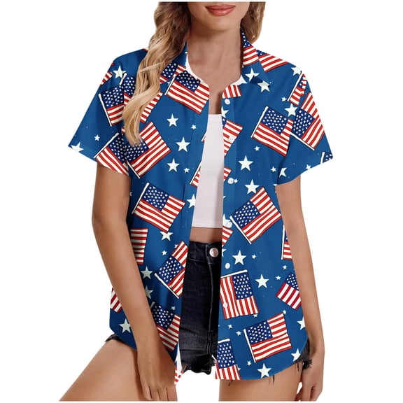 Yghzkop 4th of July Blouse for Women Button Down Lapel Shirt Lightweight Cardigan Top Adjustable Cuff Stars Print Summer Patriotic Outfit Clothing