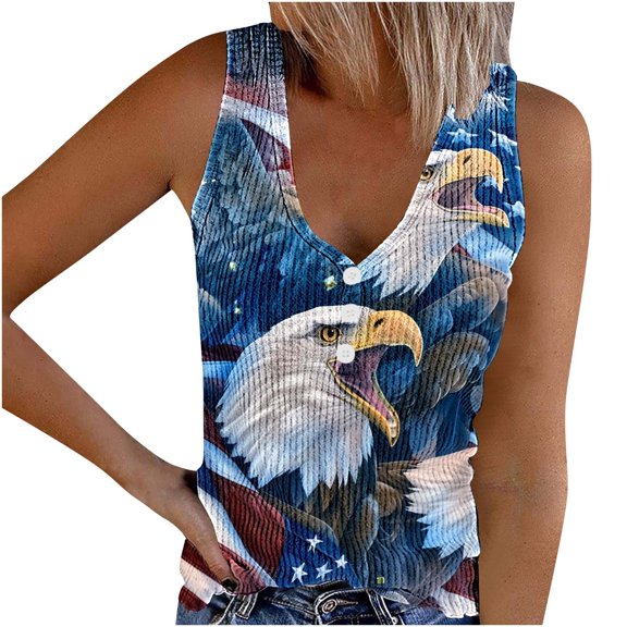 Yghzkop Button Tops for Women Independence Day Summer Slim V-Neck Tank Tops Quick-Dry Breathable Sleeveless Shirts 4th of July Patriotic Print Tunic Blouses Outfit